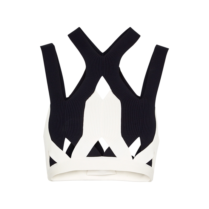 DION LEE 2-TONE FORK CUT-OUT CROPPED RIB-KNIT TOP