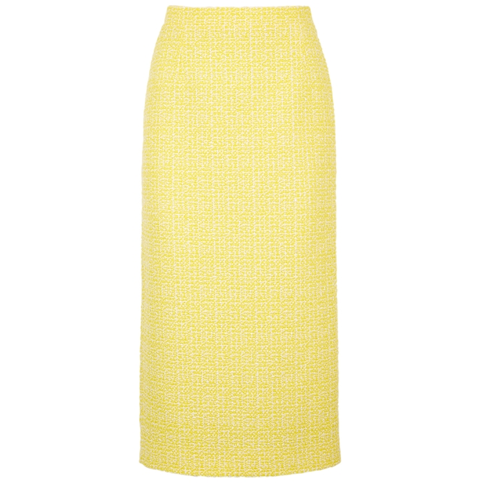 Alessandra Rich Yellow Embellished Tweed Midi Skirt