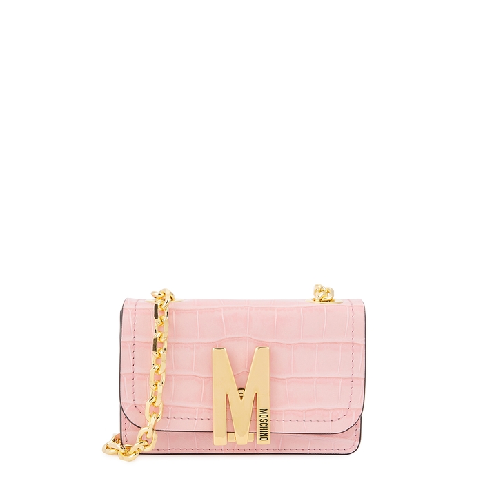 MOSCHINO M Mini Pink Crocodile-effect Leather Shoulder Bag