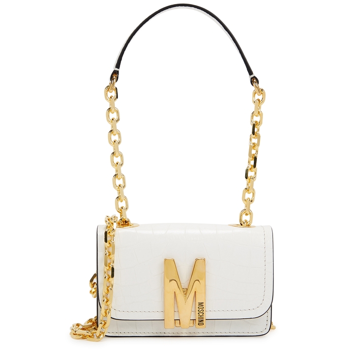 MOSCHINO M Mini White Crocodile-effect Leather Shoulder Bag