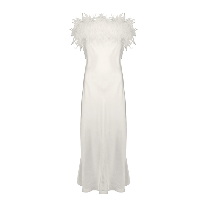 Sleeper Boheme White Feather-trimmed Satin Midi Dress