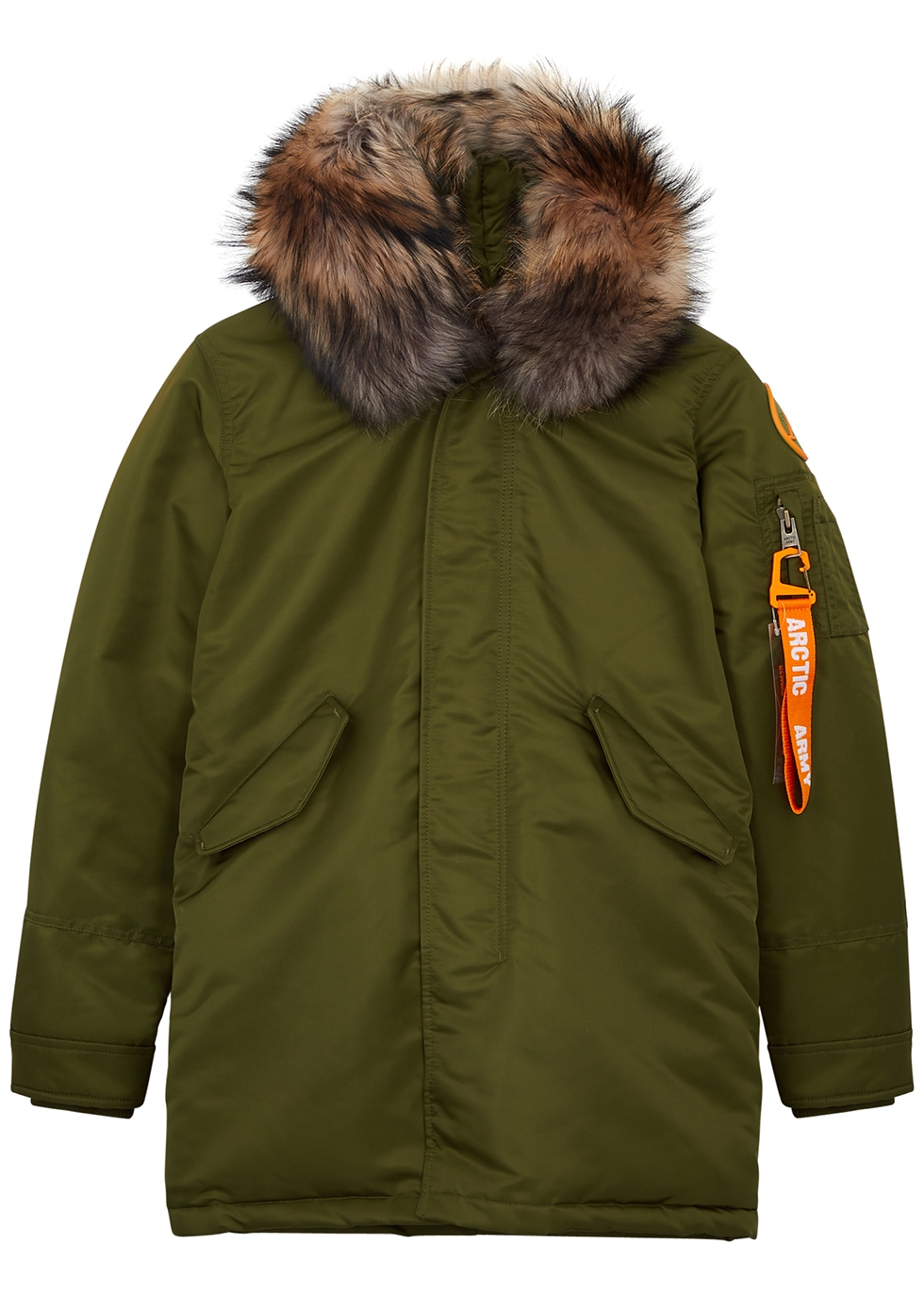 Arctic Army Kids Green Padded Fur-trimmed Parka In Khaki