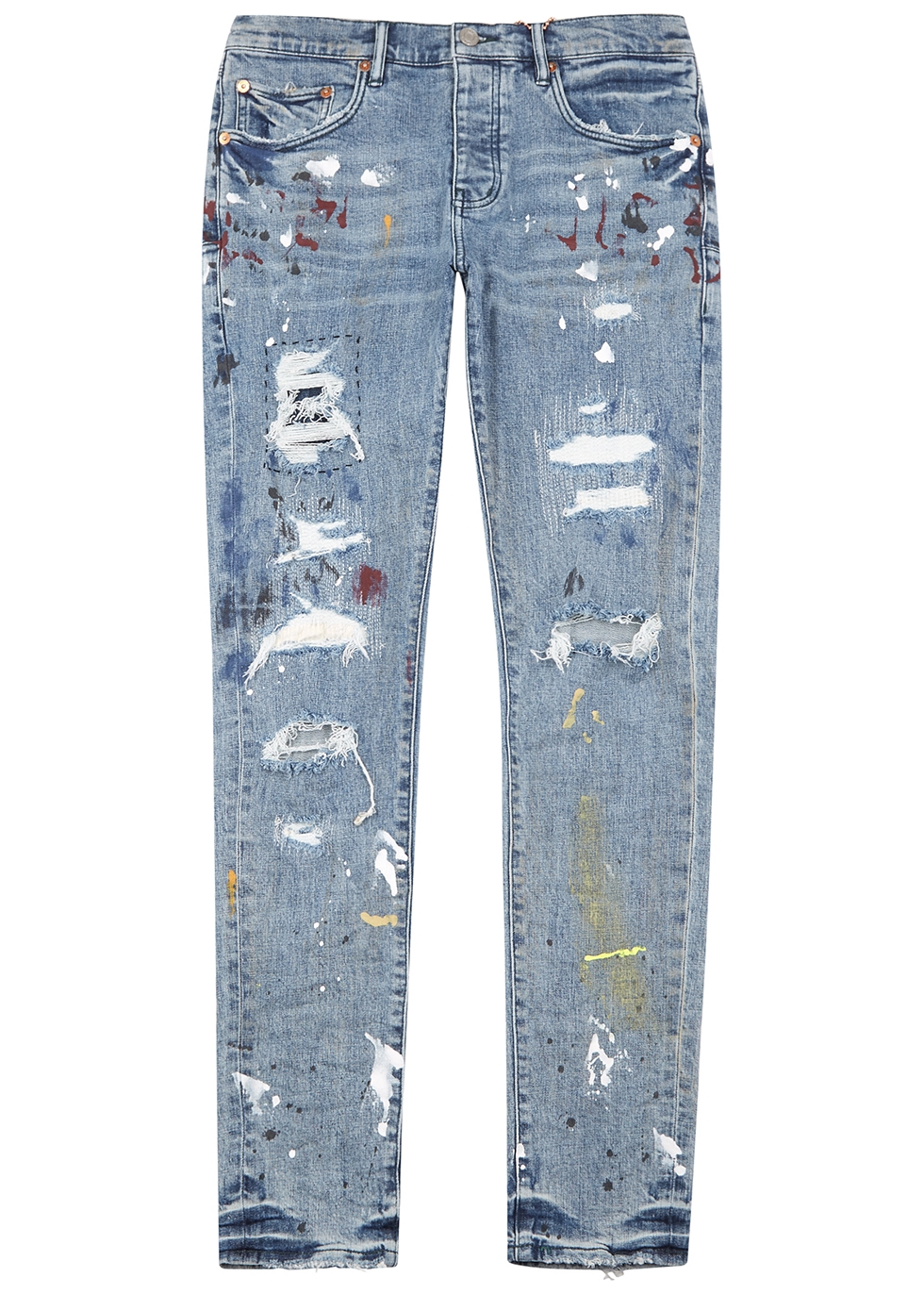 Purple Blue Paint-splatter Distressed Skinny Jeans In Denim | ModeSens