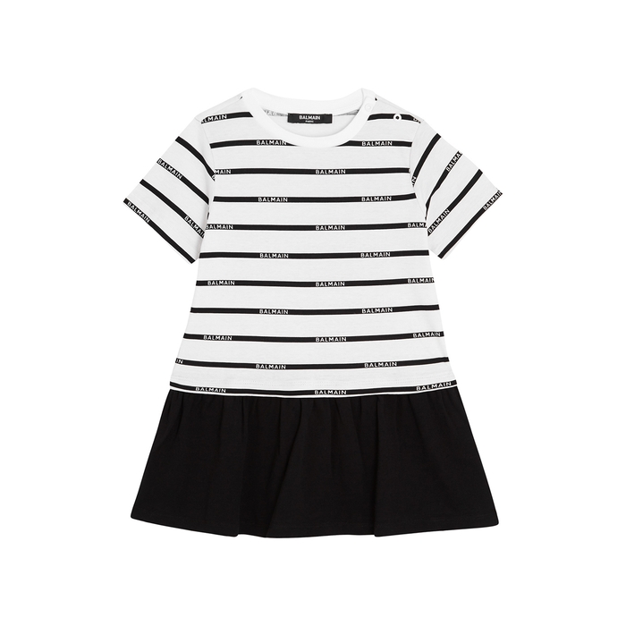 Balmain KIDS Monochrome Striped Cotton Dress