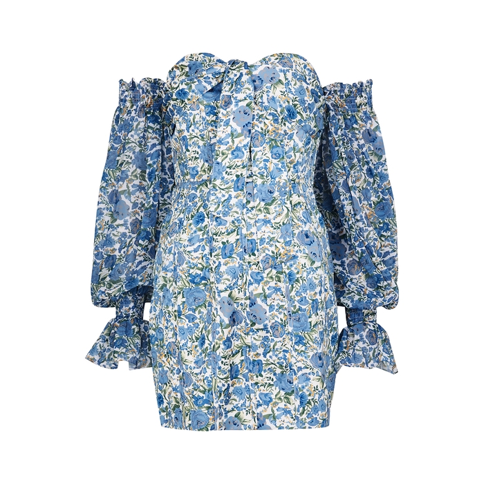 Lavish Alice Floral-print Off-the-shoulder Satin Mini Dress