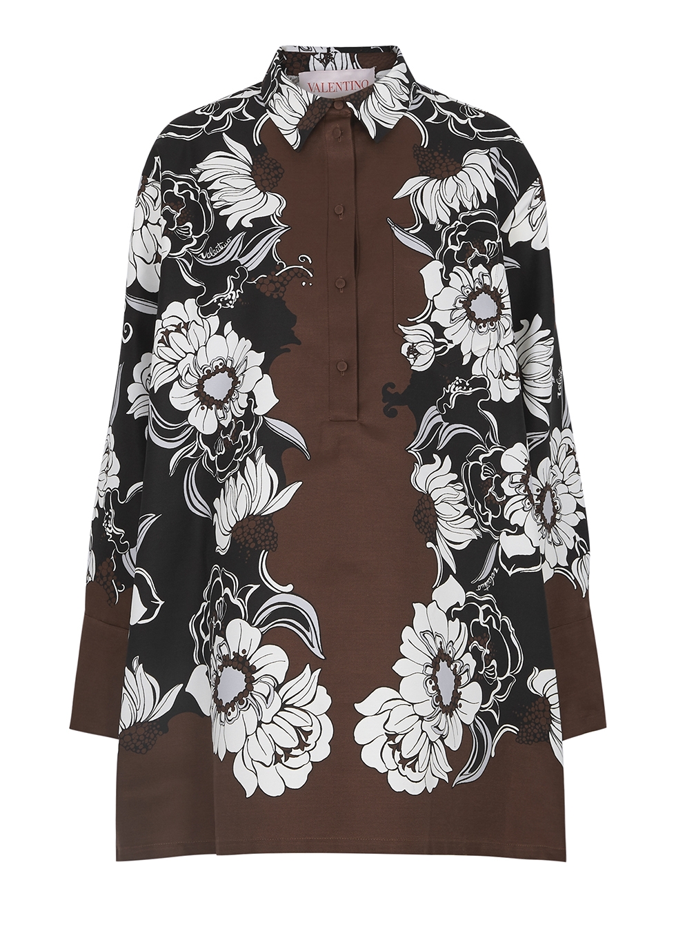 Brown floral-print faille shirt dress