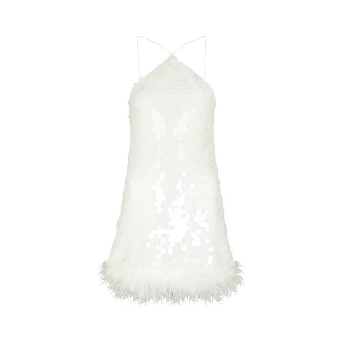 De La Vali Cadillac White Feather-trimmed Paillette Mini Dress