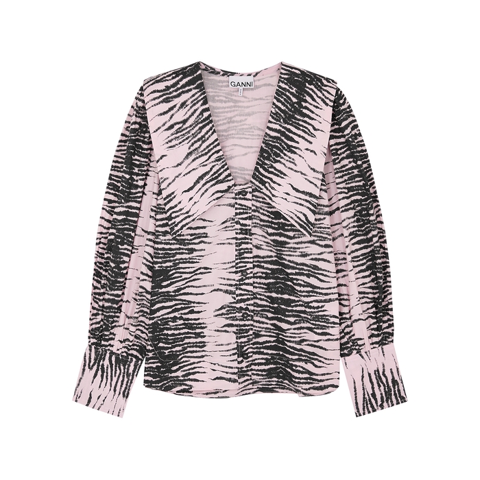 Ganni Pink Tiger-print Cotton-poplin Shirt