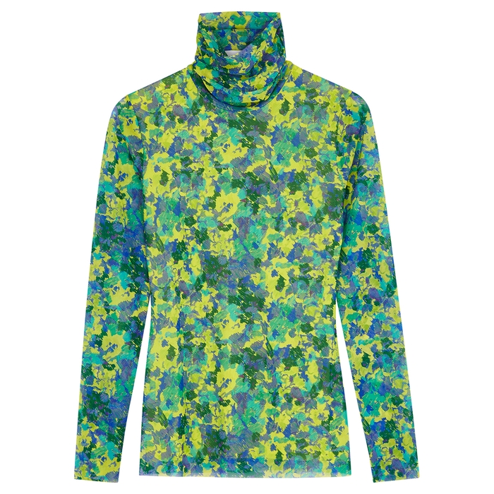 Ganni Green Floral-print Stretch-tulle Top