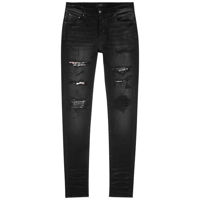 Amiri Hibiscus Artpatch Black Distressed Skinny Jeans
