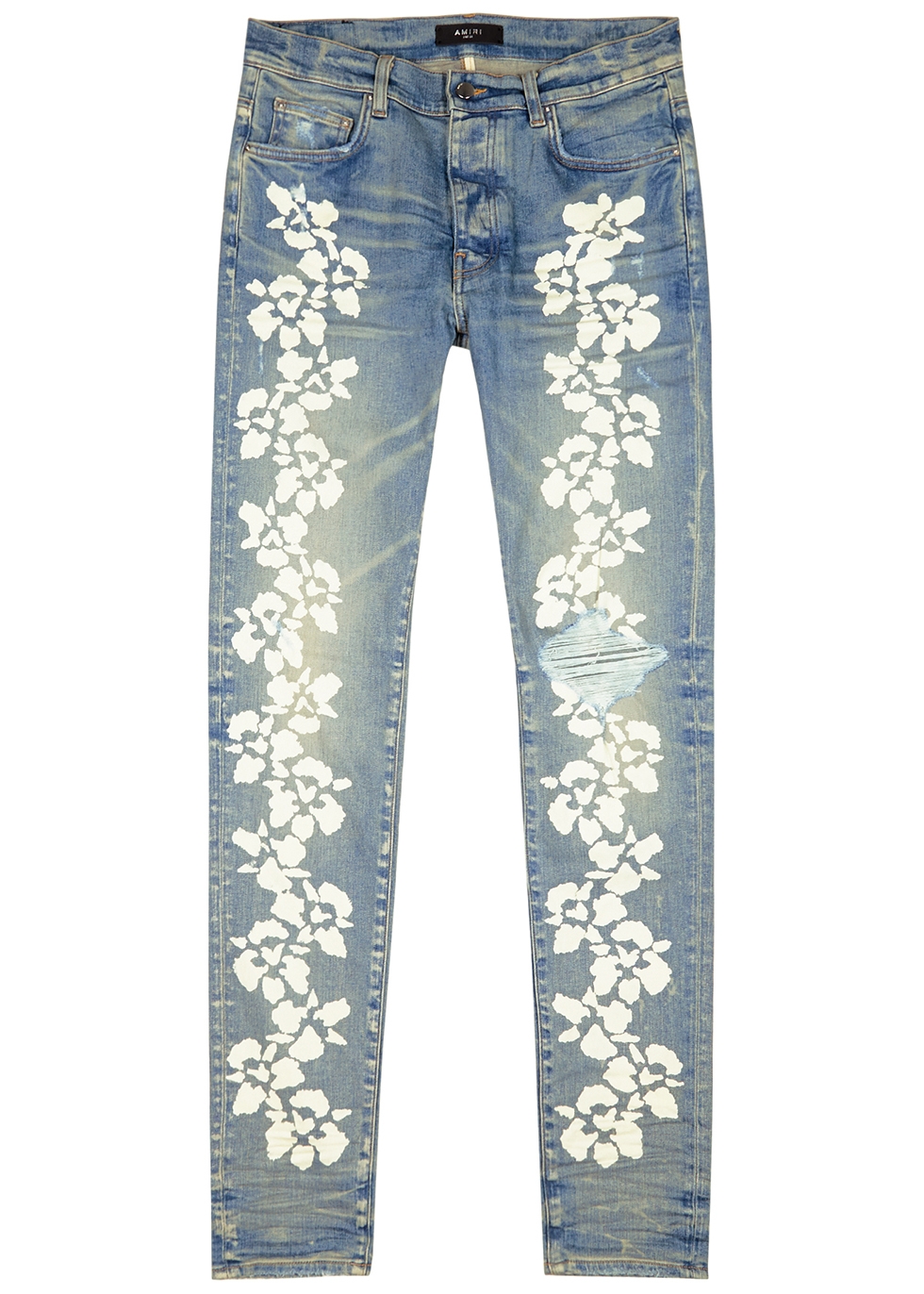 Hibiscus Stencil blue distressed skinny jeans