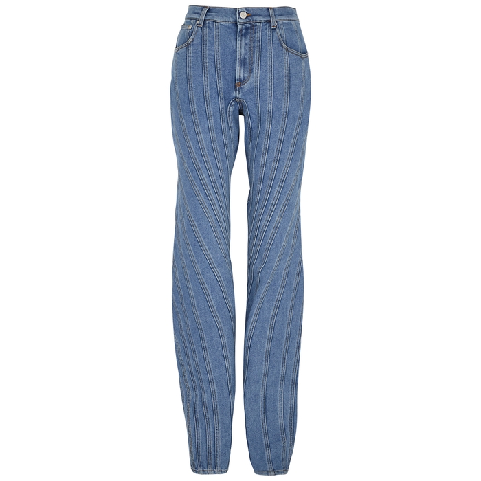 Mugler Spiral Blue Panelled Wide-leg Jeans In Denim