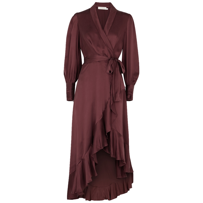 Zimmermann Burgundy Silk-satin Midi Wrap Dress | ModeSens