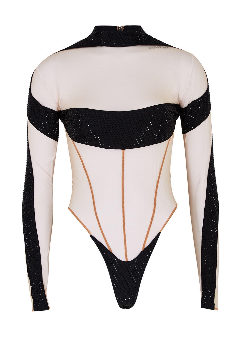 Black embellished panelled stretch-jersey bodysuit