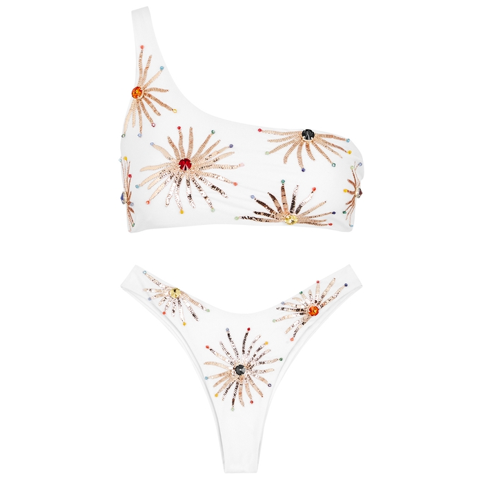 OCEANUS Callie White Embellished One-shoulder Bikini