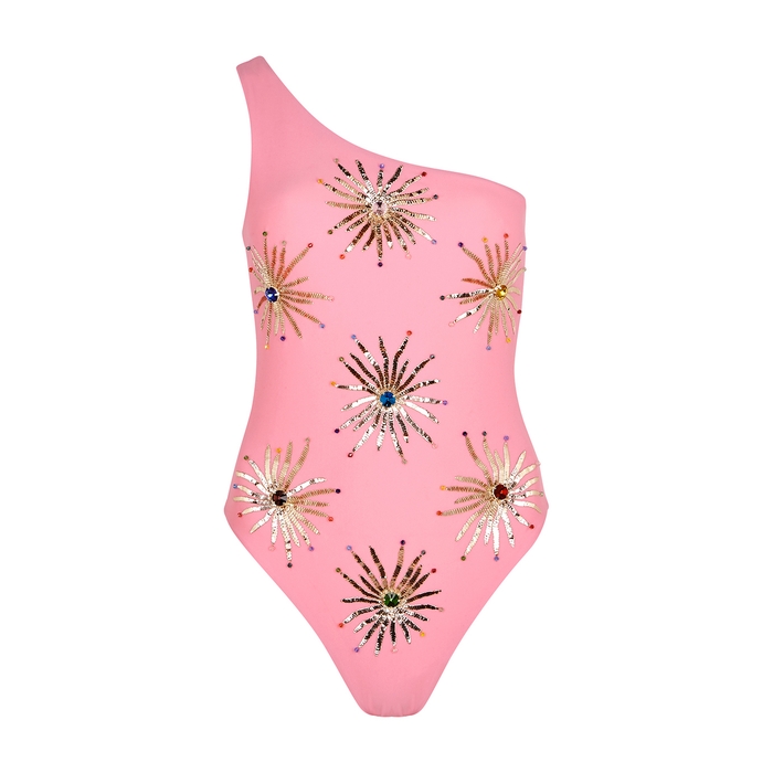 OCEANUS Callie Pink Embellished One-shoulder Swimsuit