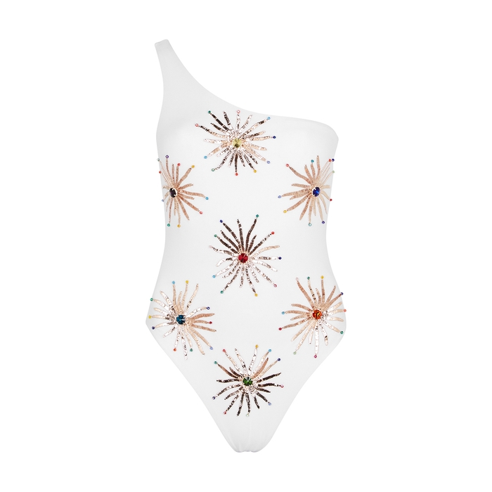OCEANUS Callie White Embellished One-shoulder Swimsuit