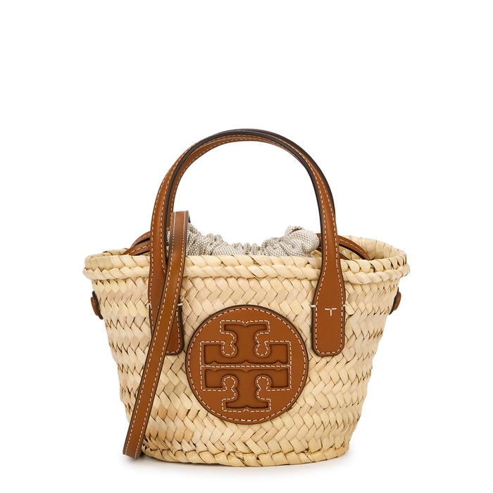 Ella Mini Sand Logo Straw Basket Bag In Brown