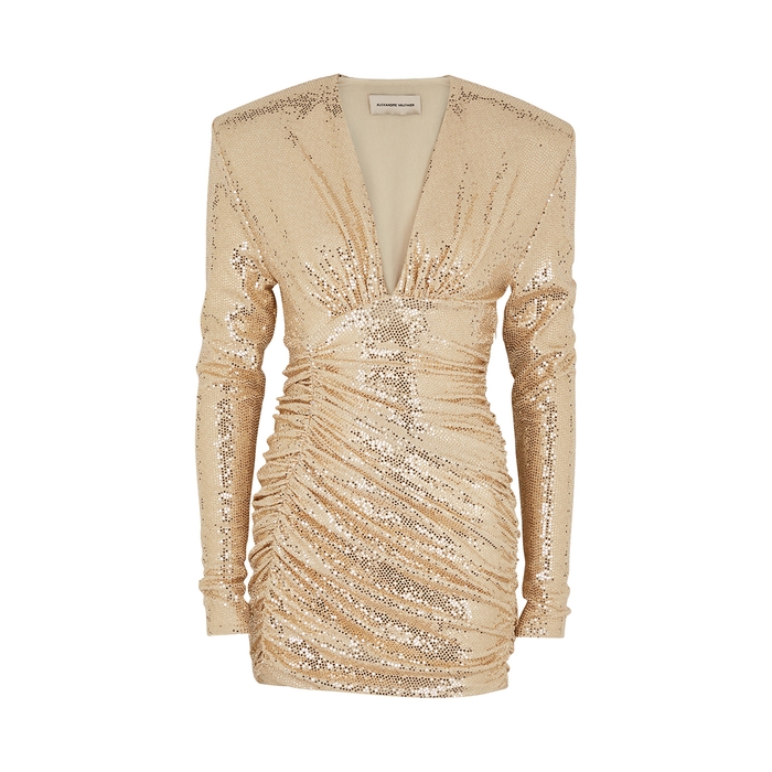 Alexandre Vauthier Gold Foil-print Ruched Mini Dress