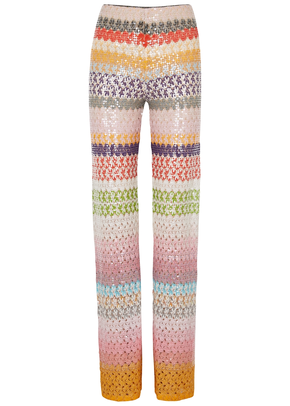 Striped embellished open-knit trousers