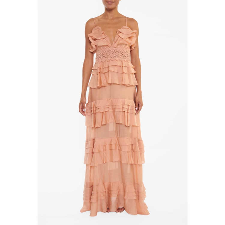 True Decadence Soft Peach Plunge Front Tiered Ruffle Maxi Dress In Pink ...
