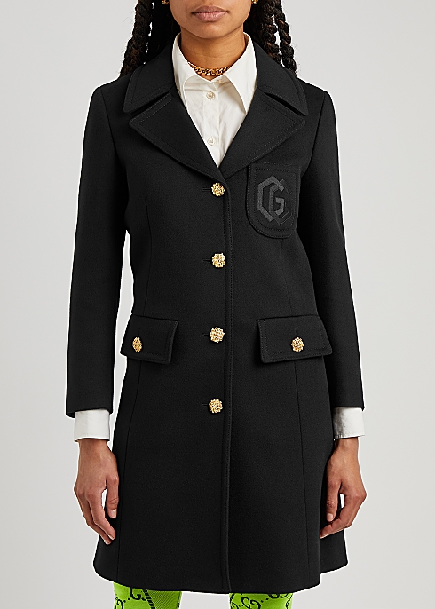 Gucci Black logo-embroidered wool coat - Harvey Nichols
