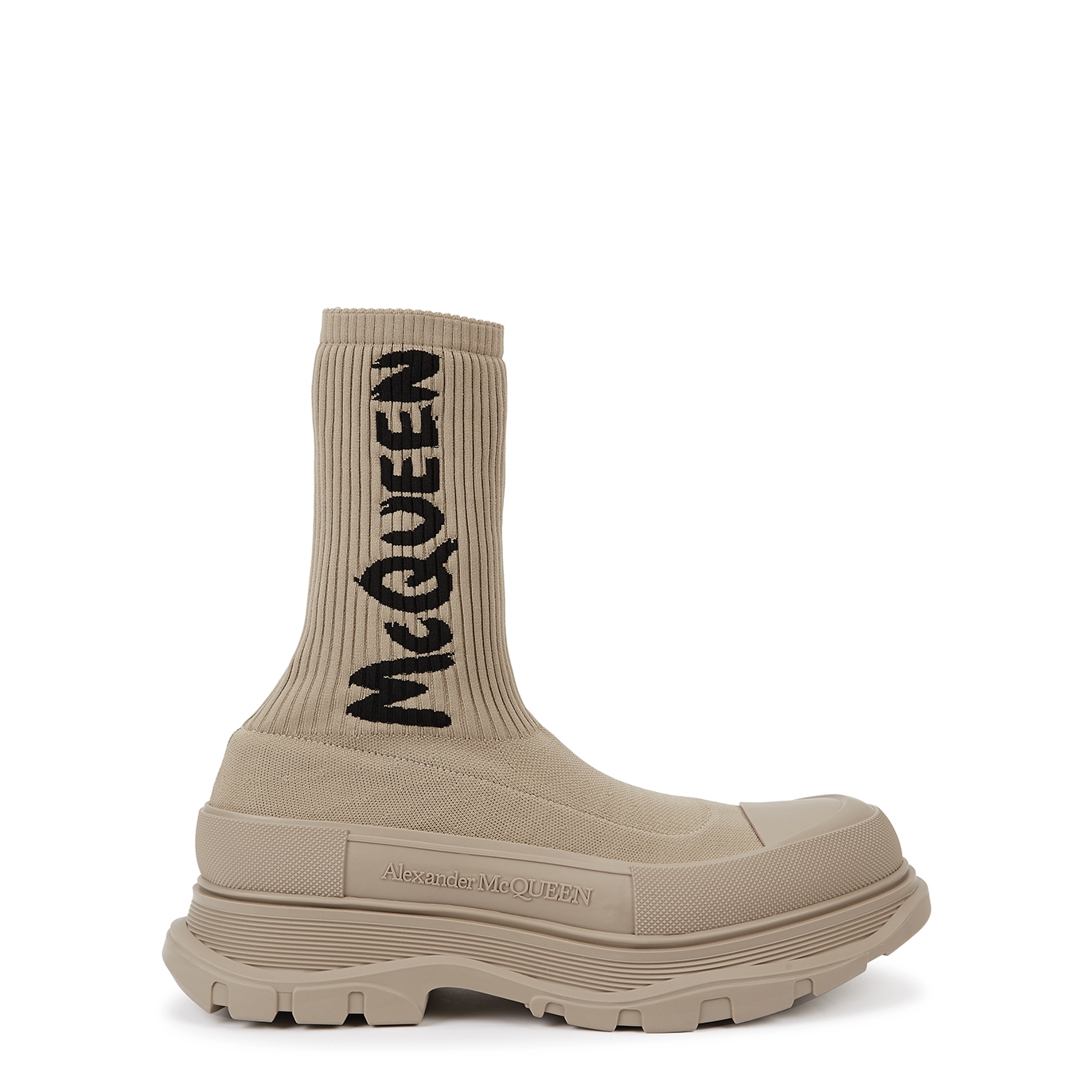 Alexander McQueen Tread Slick Taupe Knitted Sock Boots - Beige - 9