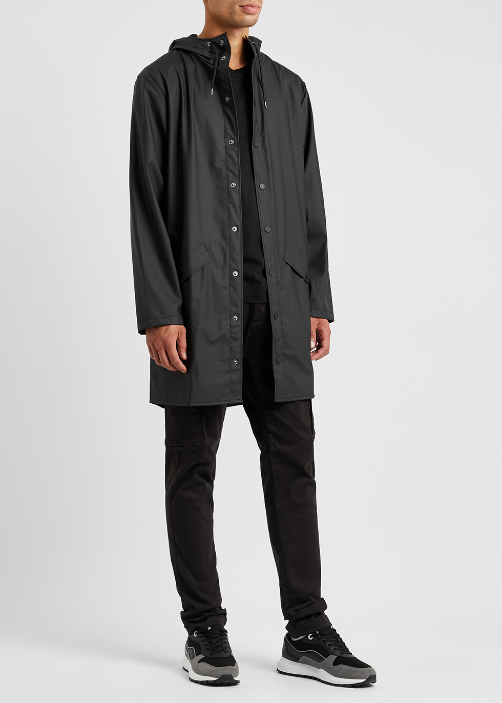 Harvey Nichols Men Clothing Jackets Rainwear Long matte black rubberised raincoat 