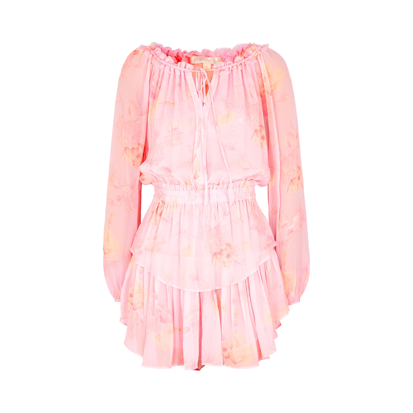 LoveShackFancy Popover Pink Floral-print Chiffon Mini Dress - S