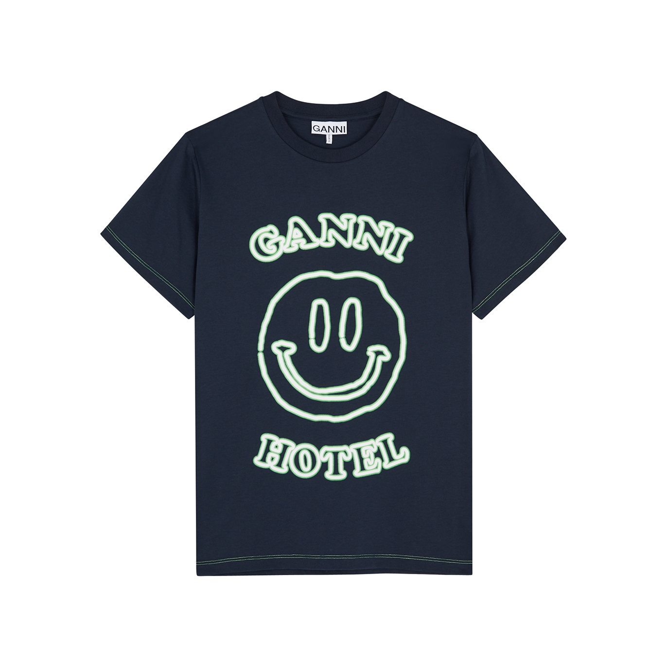 Ganni Navy Printed Cotton T-shirt - L