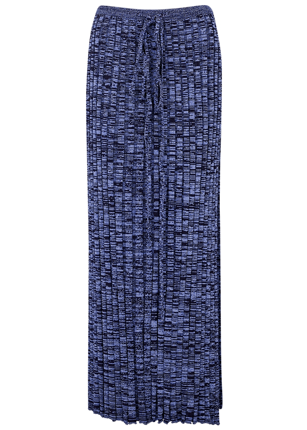 Blue space-dye pleated knitted midi skirt