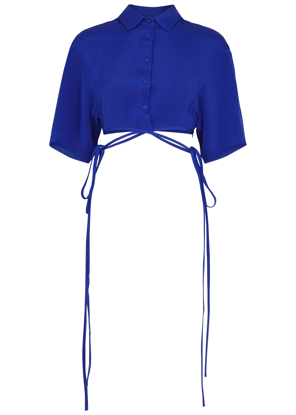 Blue wraparound cropped silk-satin shirt