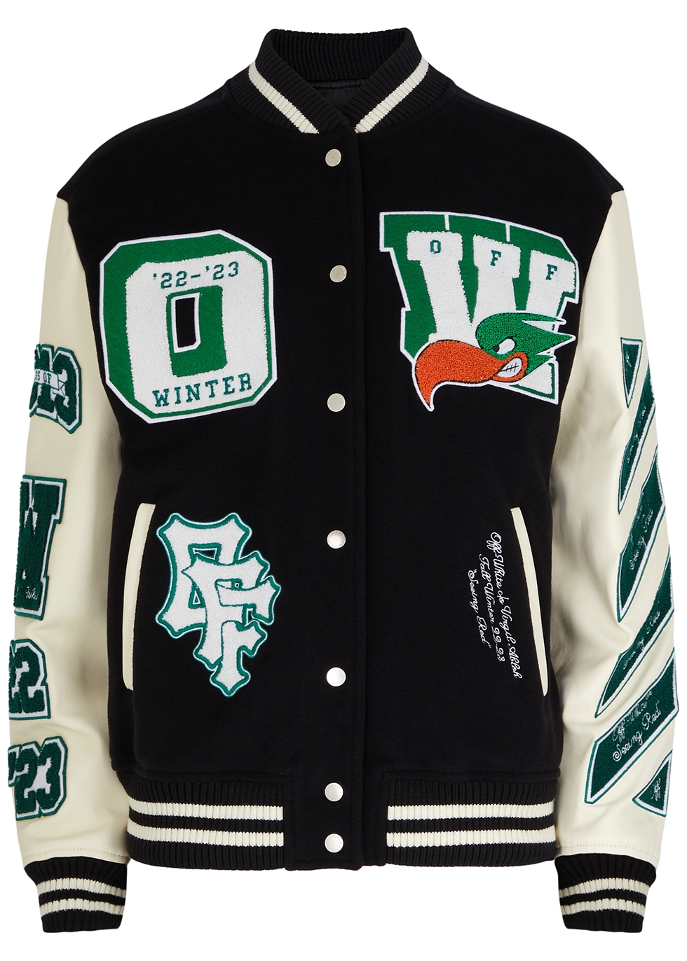 Off-White Appliquéd wool and leather varsity jacket - Harvey Nichols