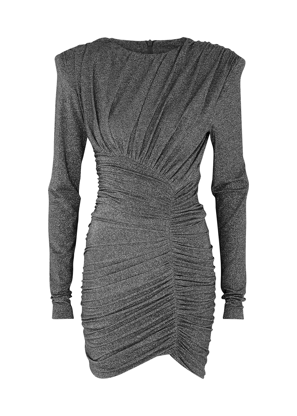 Grey ruched metallic-weave mini dress