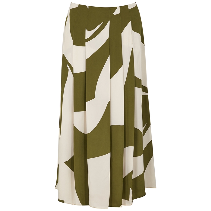 Victoria Beckham Olive Printed Pleated Satin Midi Skirt