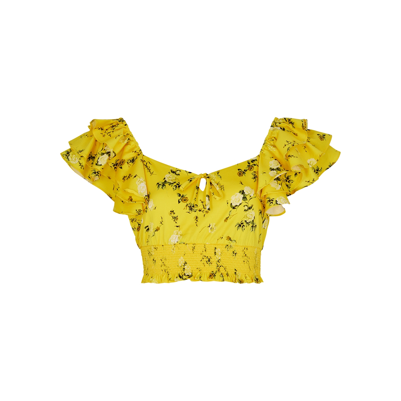 Shop Alice And Olivia Alice + Olivia Shanae Floral-print Cropped Stretch-cotton Top In Yellow