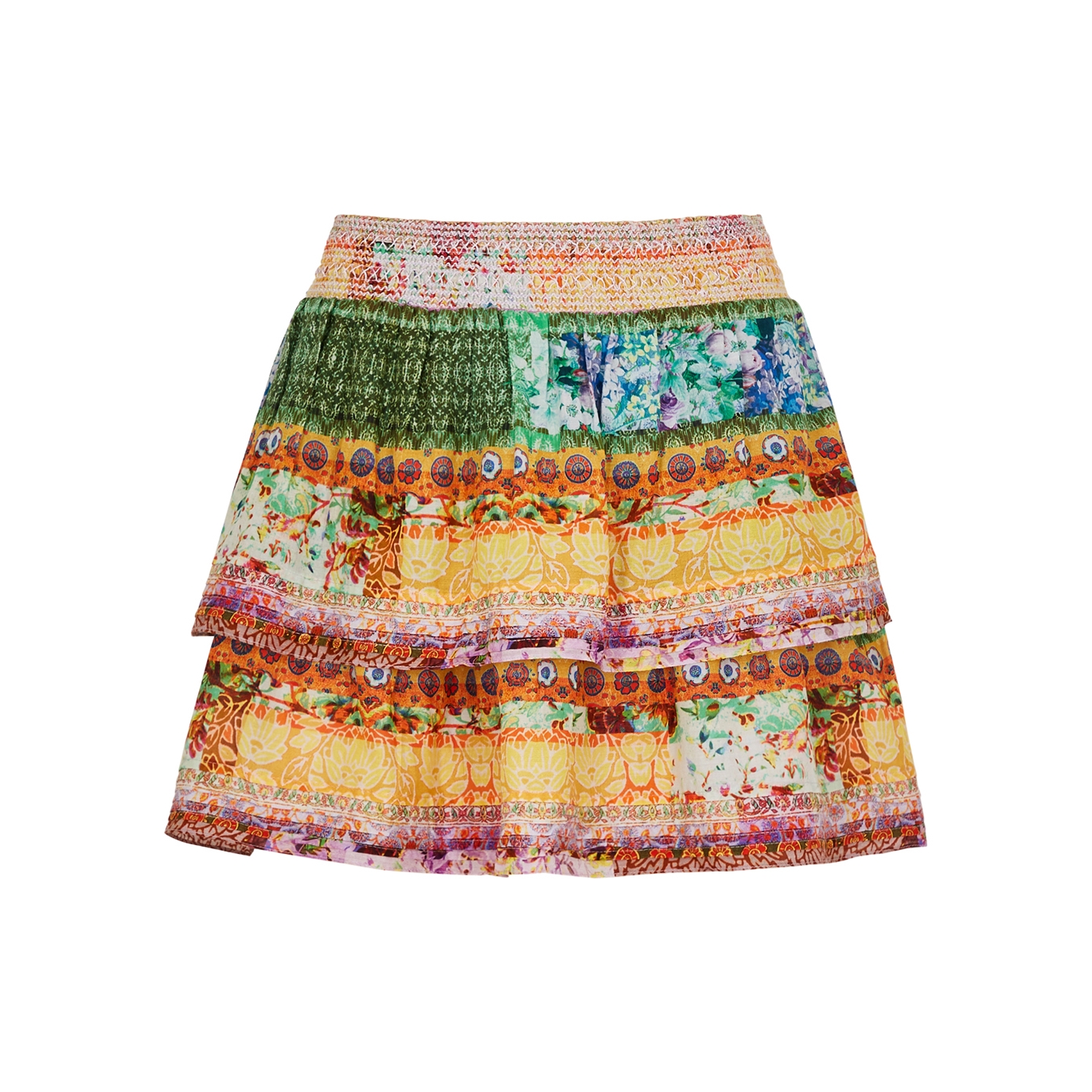 Alice + Olivia Jojo Printed Tiered Cotton Mini Skirt - Yellow/Green/Pink - 6