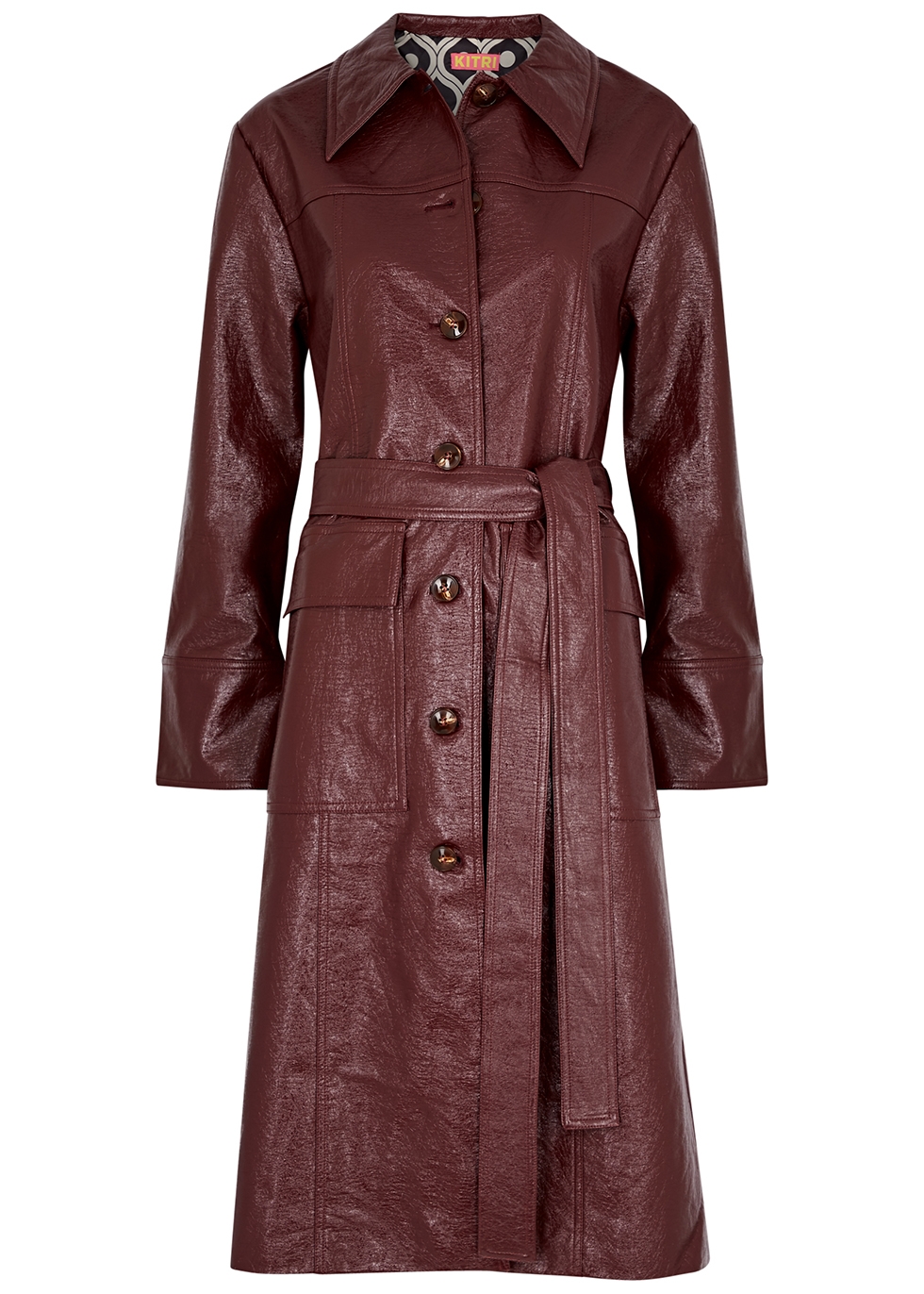 Dominique burgundy belted vinyl coat