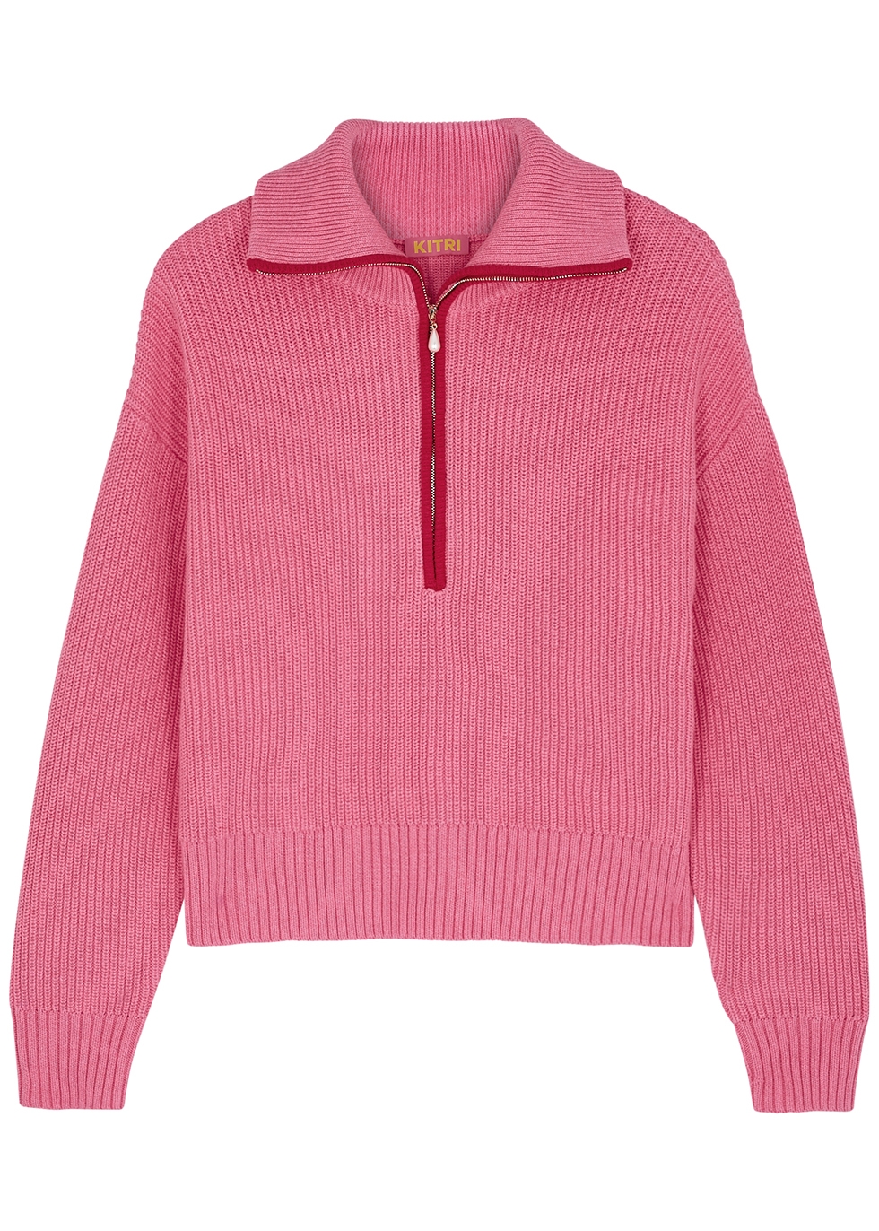 Fern pink ribbed half-zip cotton jumper