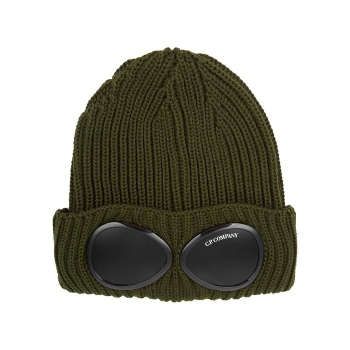 C.p. Company Goggle Black Ribbed Wool Beanie In Green