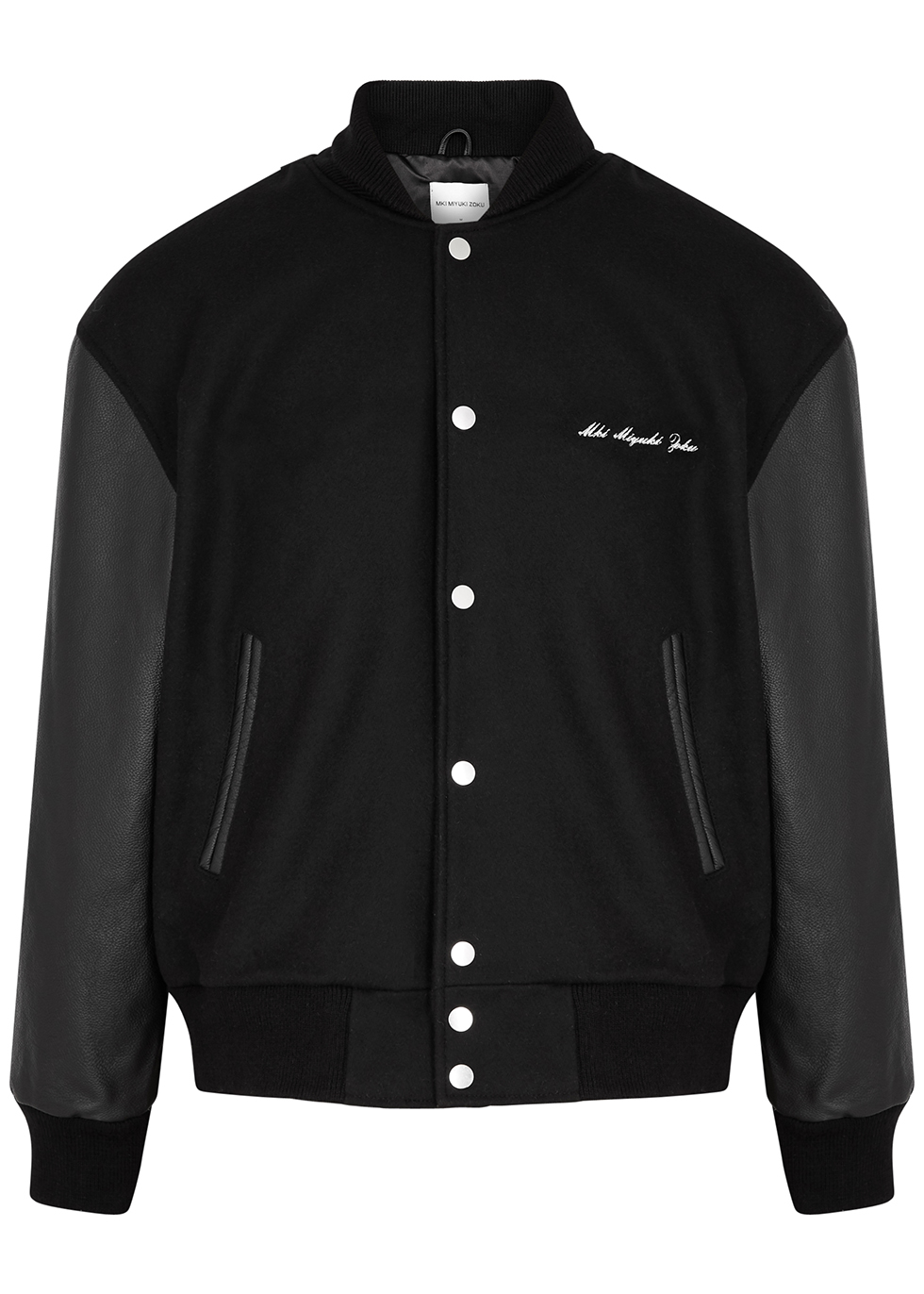 Mki Miyuki Zoku Black wool-blend and leather varsity jacket - Harvey ...
