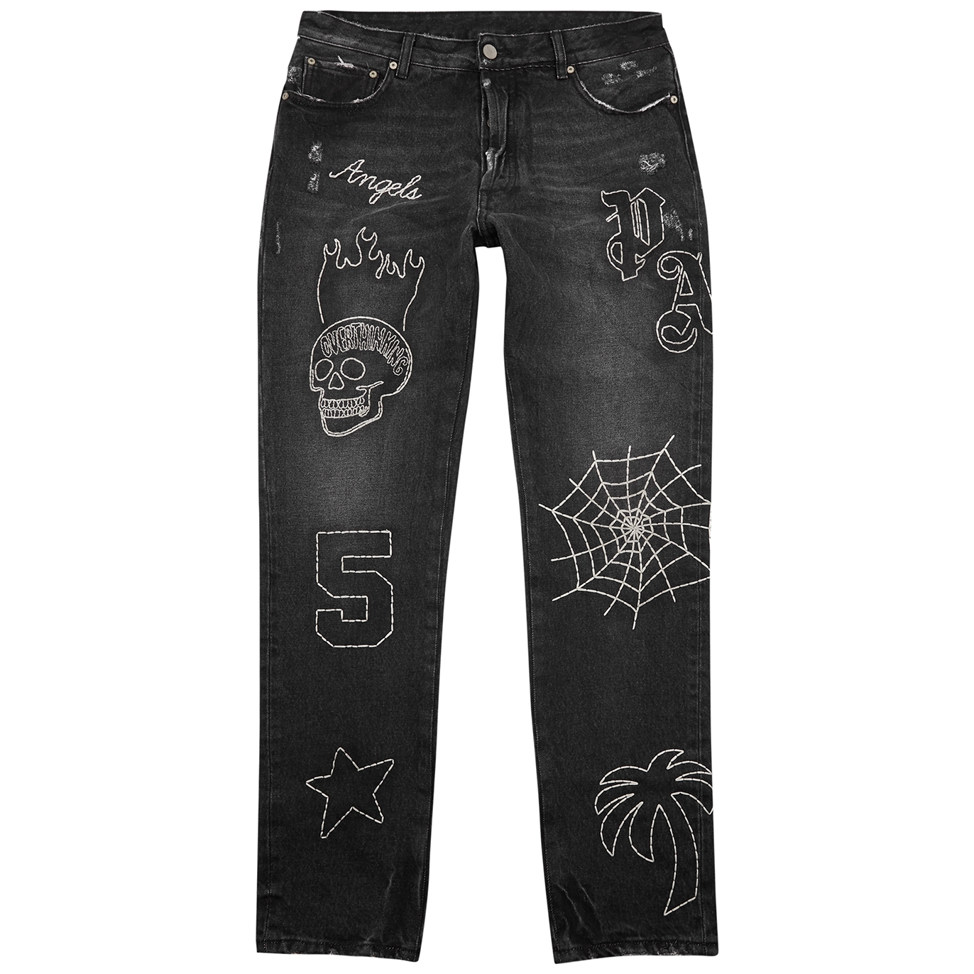 Palm Angels Embroidered Slim-leg Jeans - Black And Silver - W34