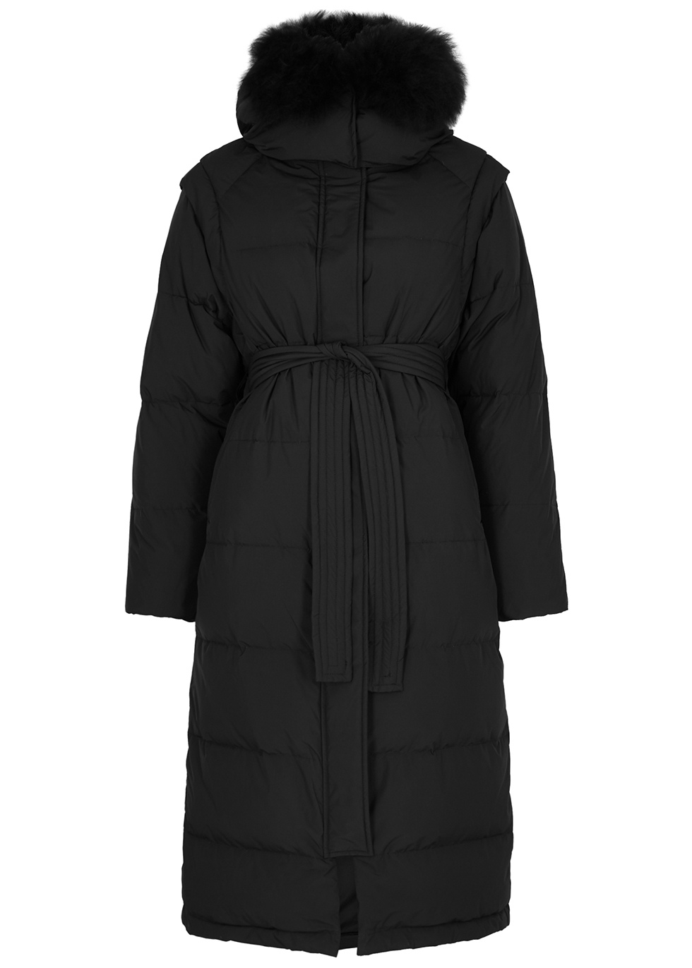 Black fur-trimmed quilted shell coat