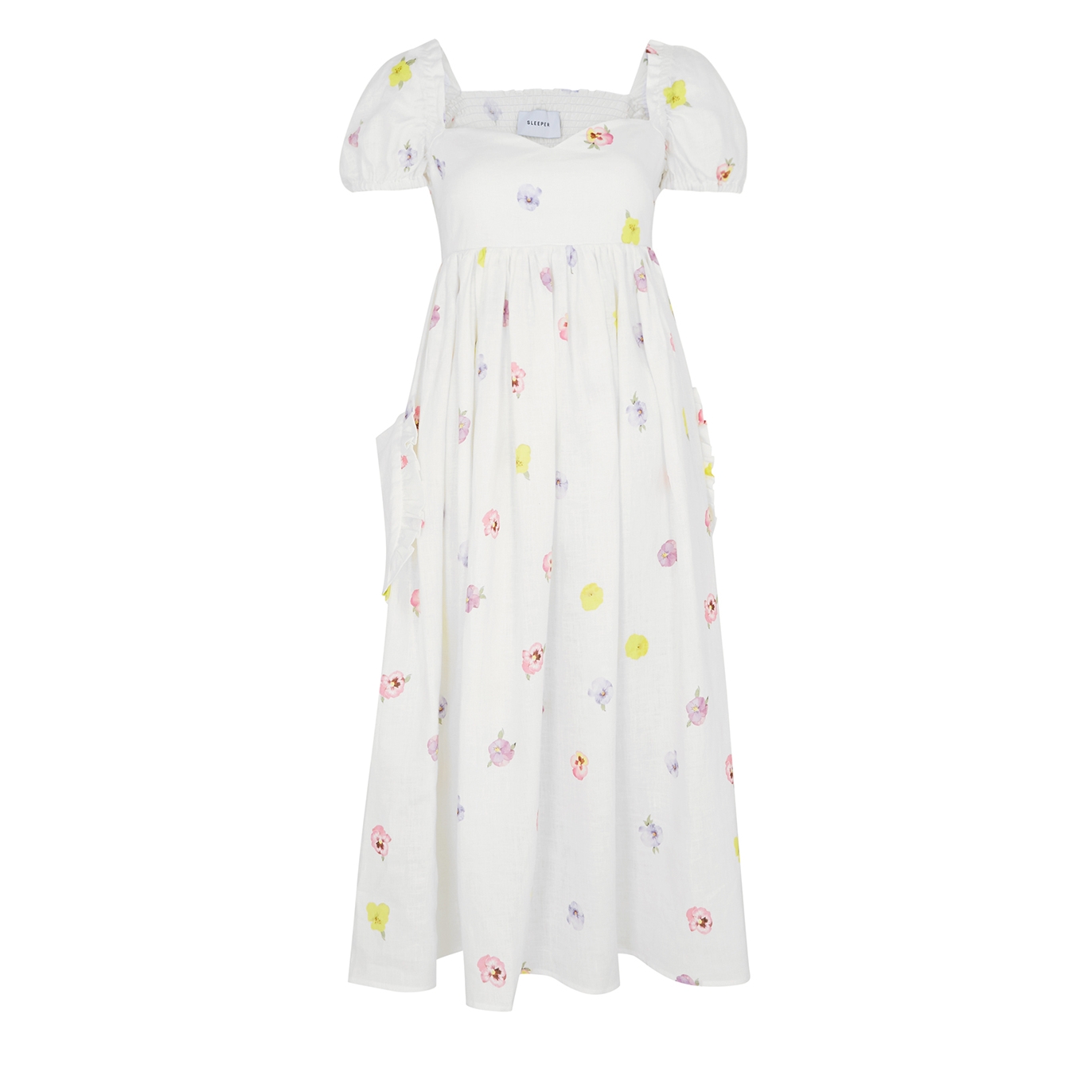 Sleeper Picnic White Floral-print Linen Midi Dress - White/Pink/Yellow - S