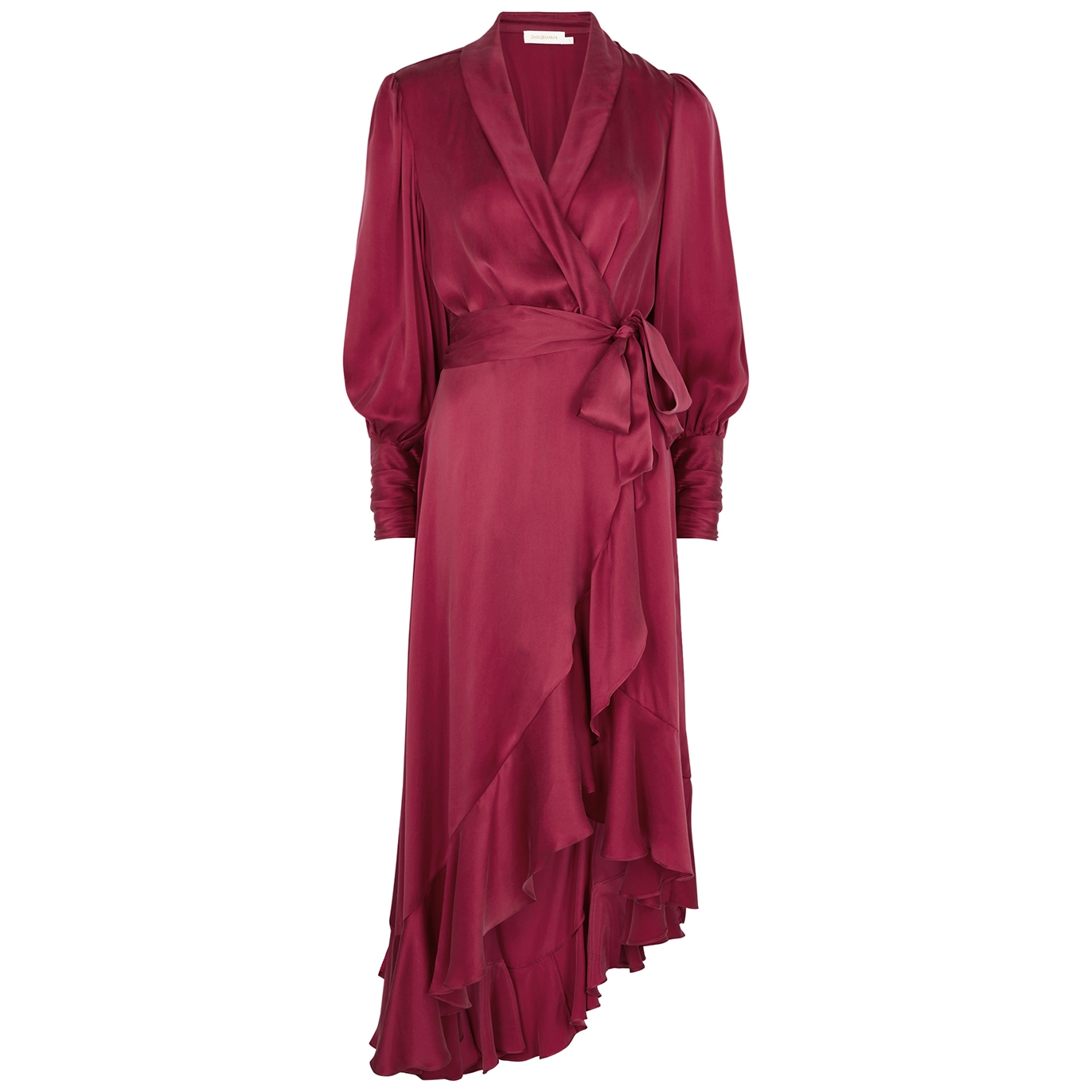 Zimmermann Ruffled Silk-satin Midi Wrap Dress In Dark Red | ModeSens