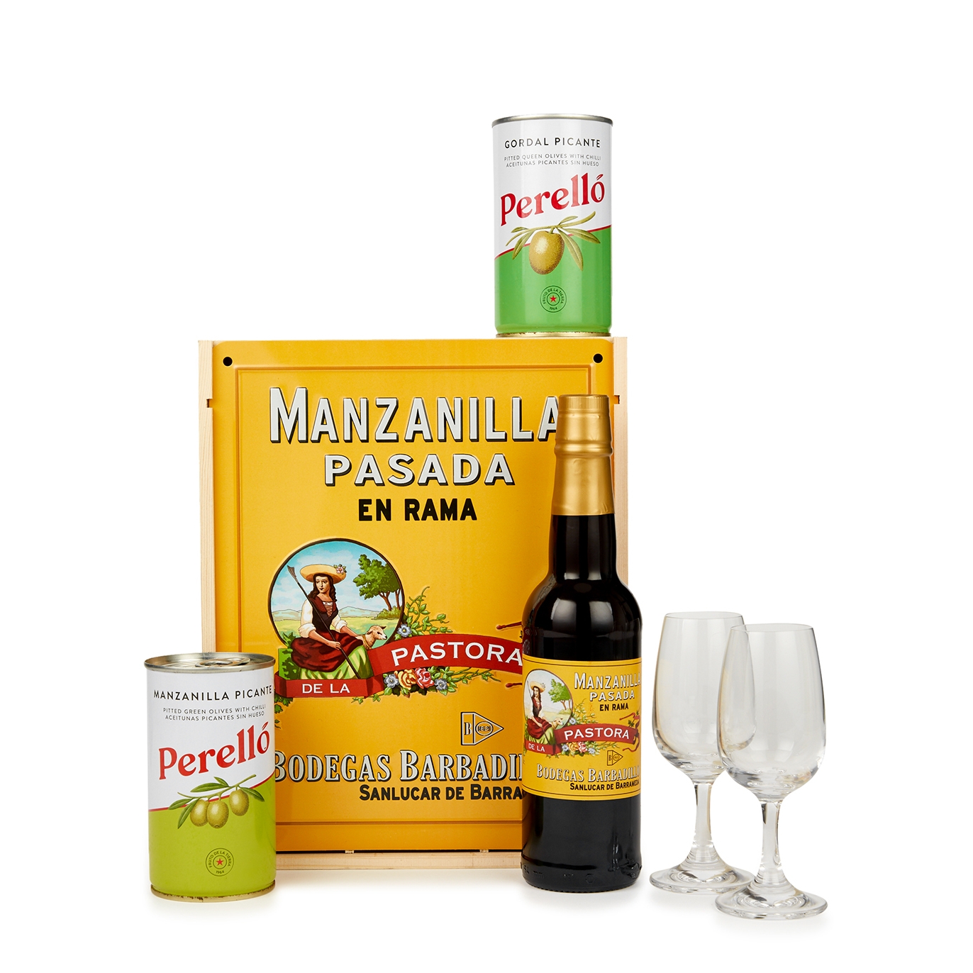 Bodegas Barbadillo Pastora Manzanilla Pasada En Rama Sherry 375ml, Glasses & Perello Olives Gift Box