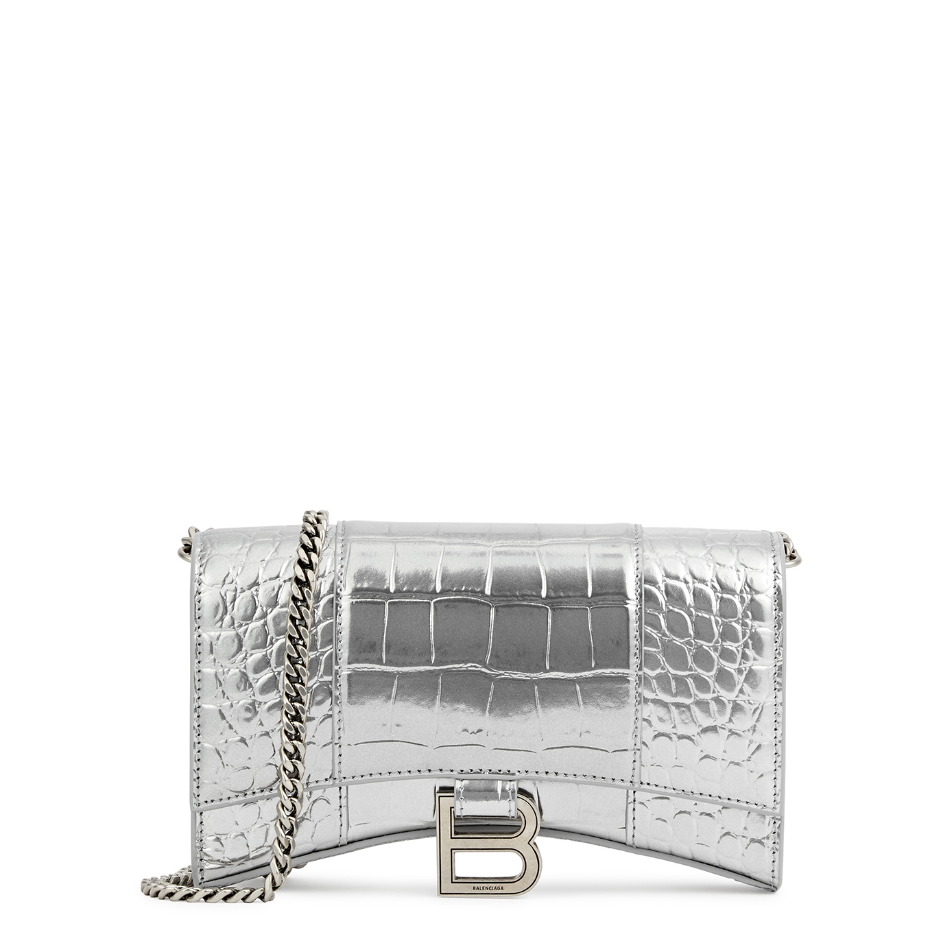 Hourglass Croc Effect Leather Wallet On Chain in Black - Balenciaga
