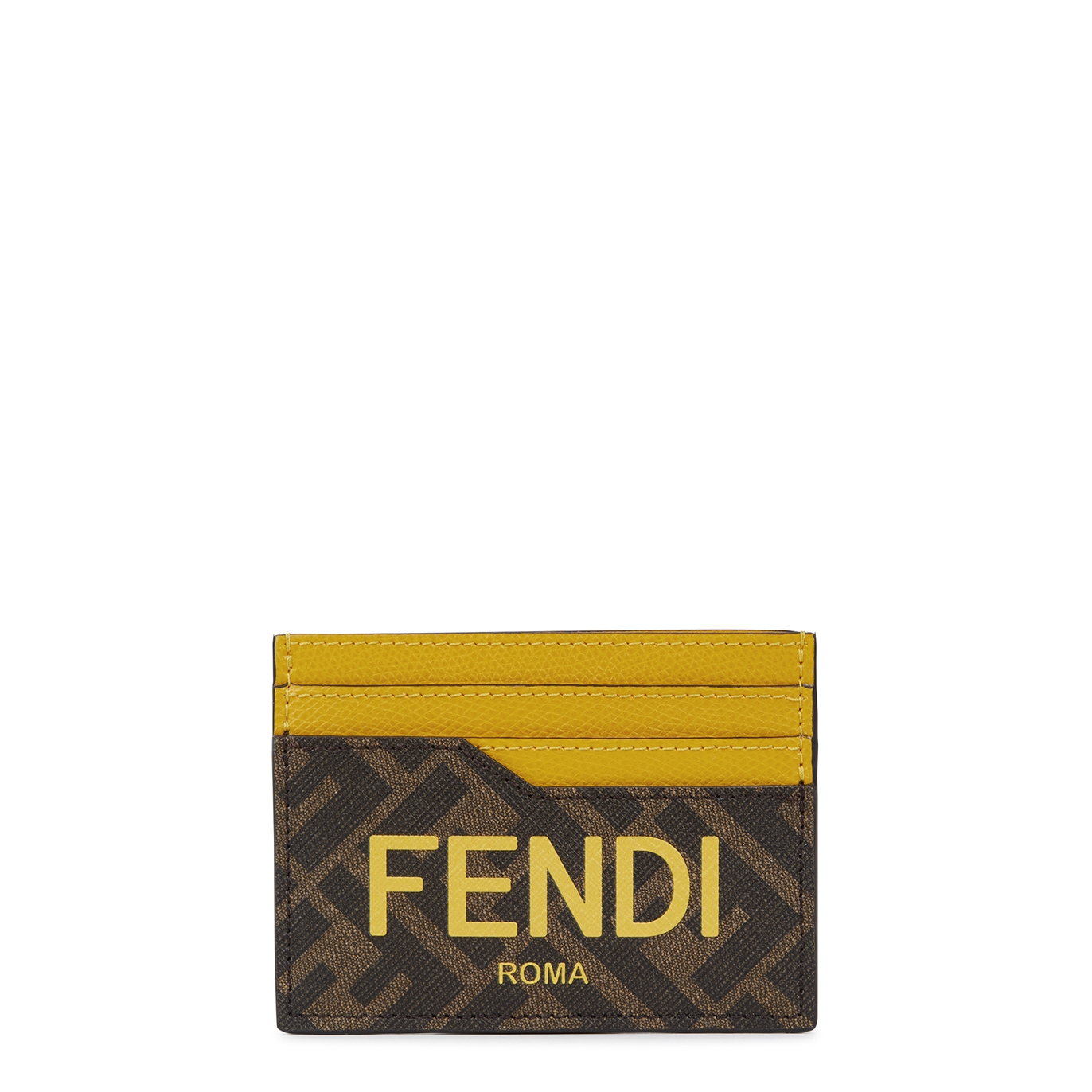 Fendi Brand-print Woven And Leather Card Holder In Yellow