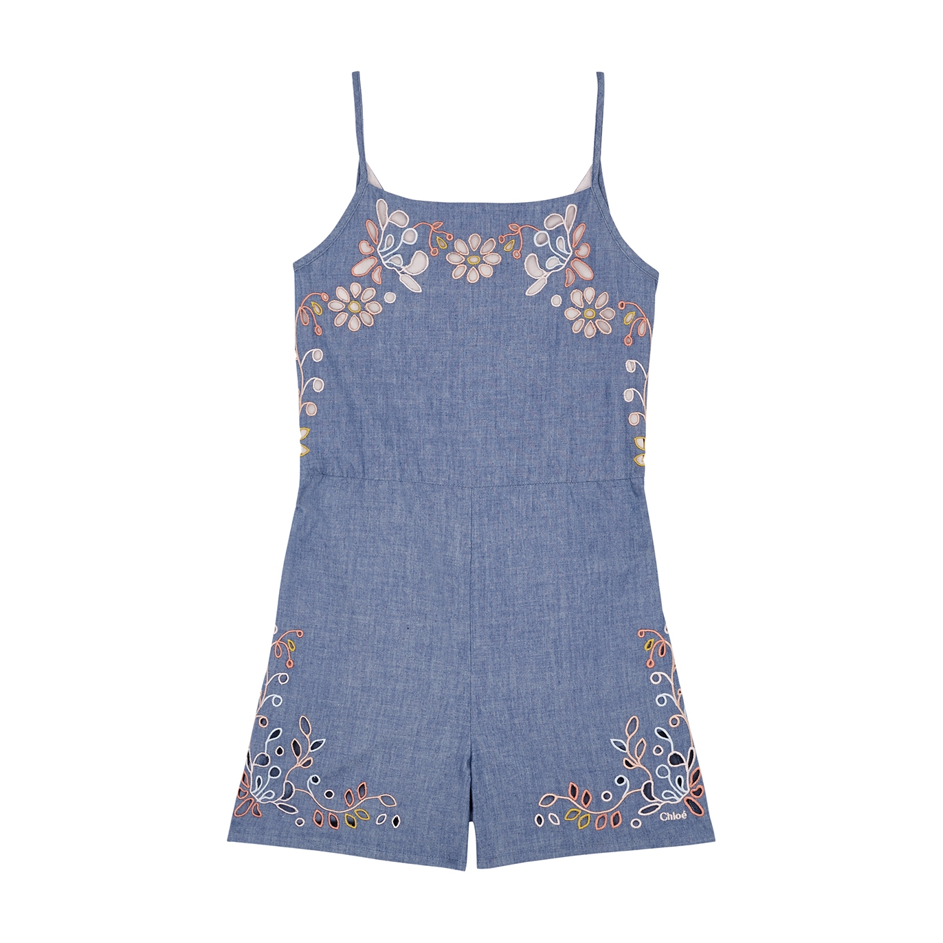 CHLOÉ KIDS FLORAL-EMBROIDERED CHAMBRAY PLAYSUIT (14 YEARS)