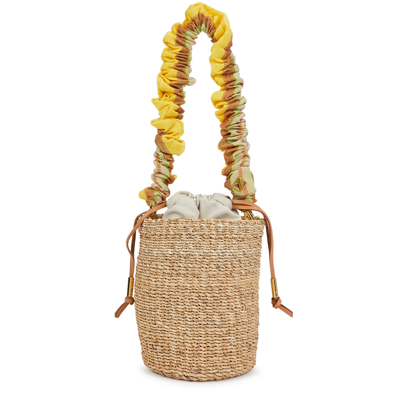 Aranaz Scrunchie Mini Raffia Bucket Bag In Yellow
